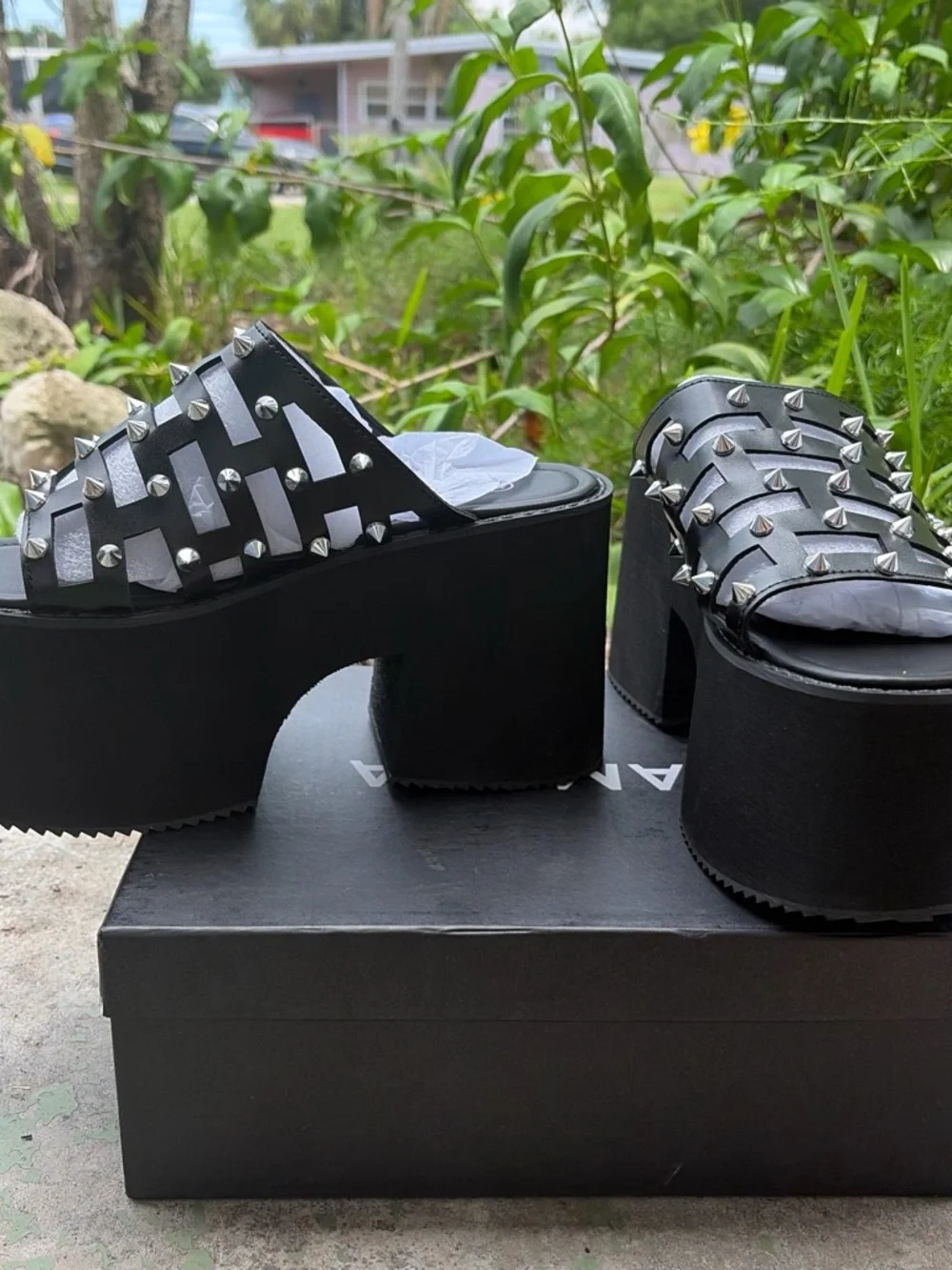 Black Spike-Embellished Platform Slide Sandals